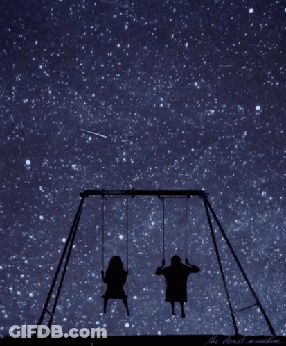 Two Children Are Sitting On Swings Under A Starry Night Sky With The Words " The Clouded Moonshine " On The Bottom GIF