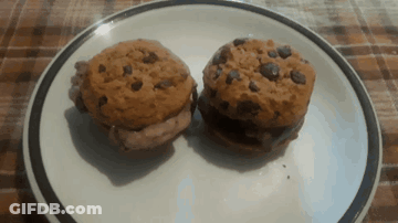 Two Chocolate Chip Cookies On A White Plate With A Black Rim GIF