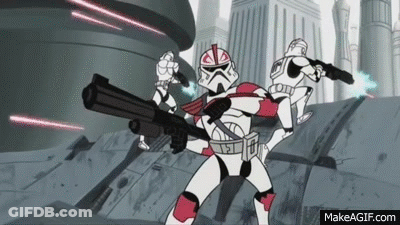 Two Clone Troopers Holding Guns In Front Of Building GIF