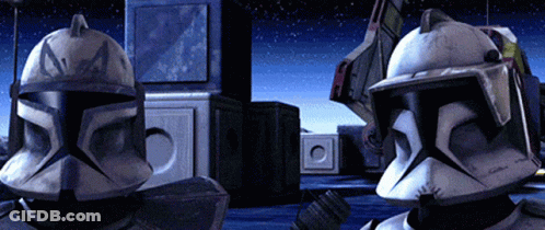 Two Clone Troopers Standing In Dark Room GIF