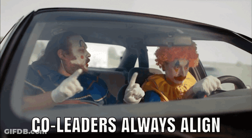 Two Clowns Are Sitting In A Car With The Words Co-Leaders Always Align GIF