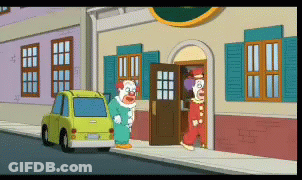 Two Clowns Are Standing In Front Of A Building With A Car Parked In Front Of Them GIF