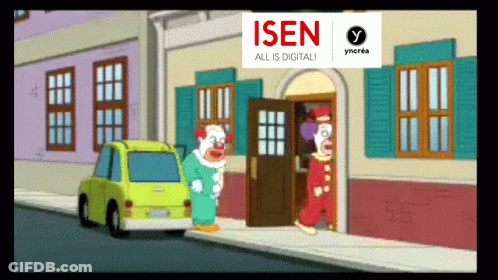 Two Clowns Are Standing In Front Of A Building With A Sign That Says Isen GIF