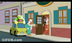 Two Clowns Are Standing In Front Of A Building With The Number 1 On Their Shirt GIF