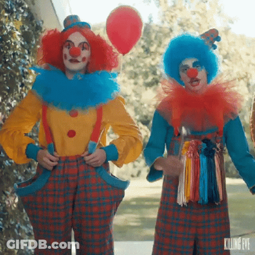 Two Clowns Are Standing Next To Each Other With Killing Eye Written On The Bottom Right Corner GIF