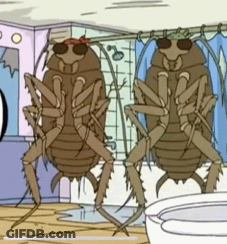 Two Cockroaches Wearing Sunglasses Are Standing Next To Each Other In A Bathroom GIF