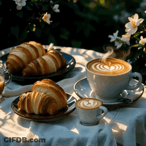 Two Coffee Cups And Croissants GIF