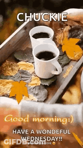 Two Coffee Cups On Wooden Tray With Leaves GIF