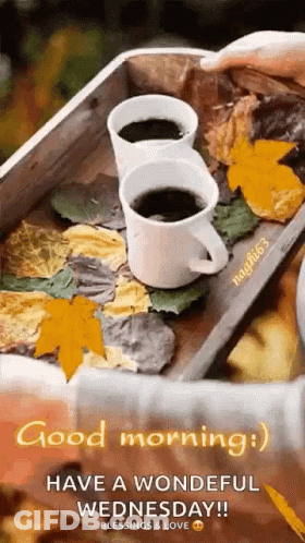 Two Coffee Cups On Wooden Tray With Leaves GIF
