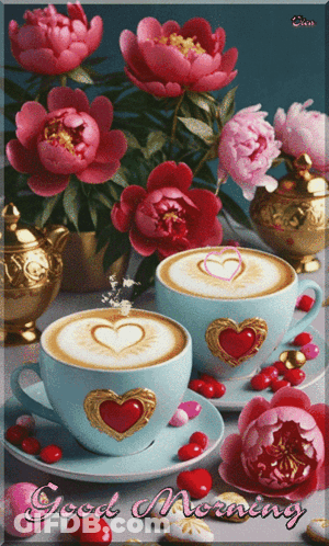 Two Coffee Cups With Hearts Saying Good Morning GIF