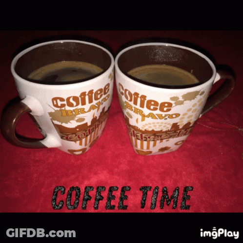 Two Coffee Mugs Saying Coffee Bravo And Coffee Time On Red Cloth GIF