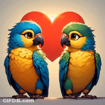 Two Colorful Birds Are Standing Next To Each Other In Front Of A Red Heart GIF