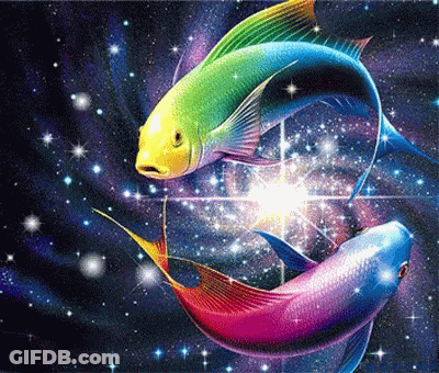 Two Colorful Fish Are Swimming In A Galaxy With A Star In The Middle GIF