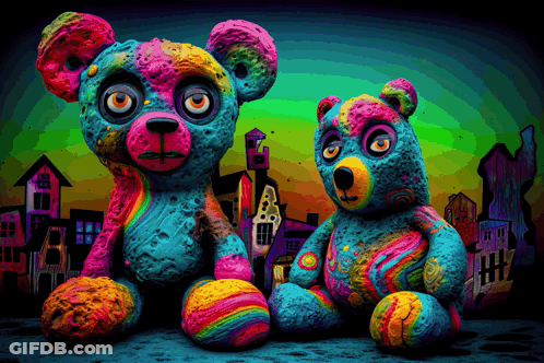 Two Colorful Teddy Bears In Front Of City GIF