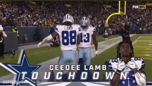 Two Cowboys Football Players Are Celebrating A Touchdown With The Words Touchdown On The Bottom GIF
