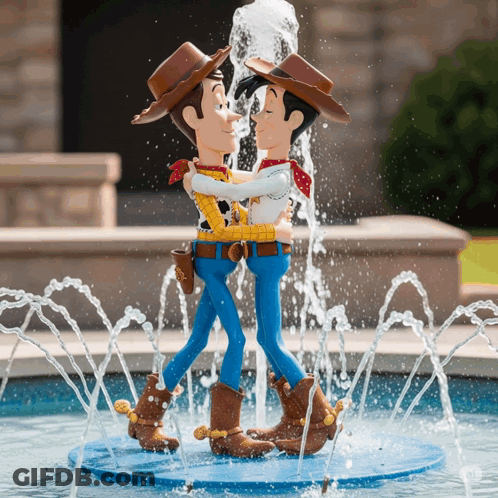 Two Cowboys Hugging In Front Of Fountain GIF