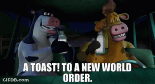 Two Cows In Car With Toast To New World Order GIF