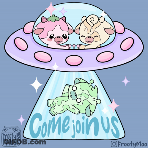 Two Cows In UFO Saying Come Join Us GIF