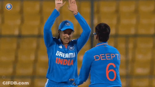 Two Cricket Players Are Giving Each Other A High Five . GIF