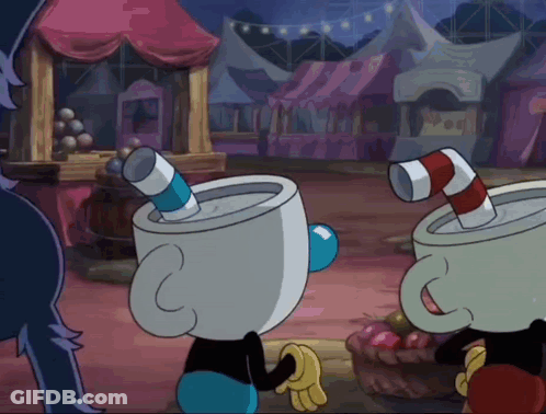 Two Cuphead Characters Are Standing Next To Each Other In A Carnival Scene GIF