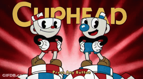 Two Cuphead Characters Standing On Top Of A Stack Of Chips GIF