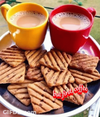 Two Cups Of Coffee And A Plate Of Cookies With The Words But First Coffee Written On It GIF
