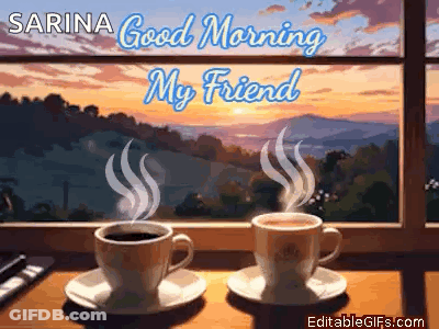 Two Cups Of Coffee Are Sitting On A Table In Front Of A Window With The Words " Good Morning My Friend " GIF