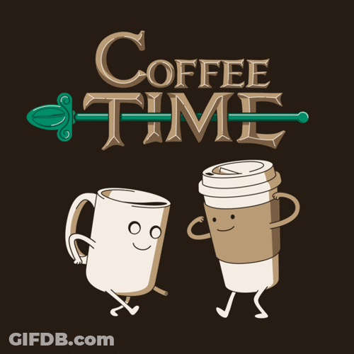 Two Cups Of Coffee Are Standing Next To Each Other Under A Coffee Time Logo GIF