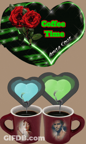 Two Cups Of Coffee Next To A Heart With The Words Coffee Time On It GIF