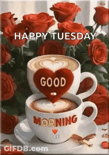 Two Cups Of Coffee With A Heart On Top Of Them Are Sitting On A Saucer With Roses In The Background . GIF