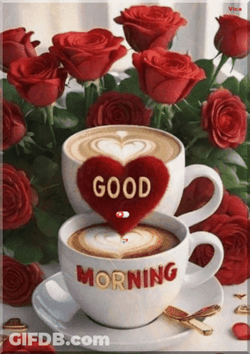 Two Cups Of Coffee With Heart Saying Good Morning GIF