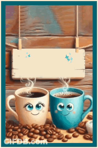 Two Cups Of Coffee With Smiley Faces Next To Coffee Beans GIF