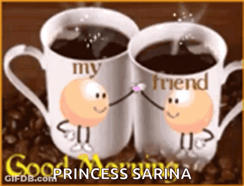 Two Cups Of Coffee With Smiley Faces On Them And The Words " My Friend " GIF