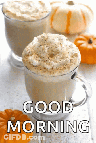 Two Cups Of Coffee With Whipped Cream And The Words " Good Morning " Below Them GIF