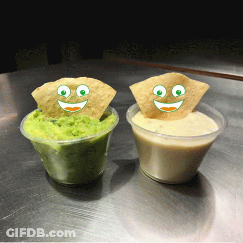 Two Cups Of Guacamole And Queso With Smiley Faces GIF