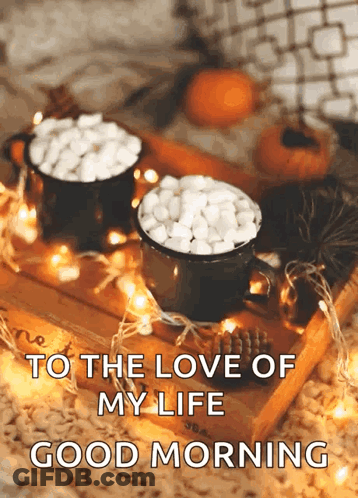 Two Cups Of Hot Chocolate With Marshmallows On A Wooden Tray With A Good Morning Message GIF