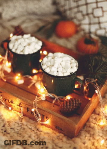 Two Cups Of Hot Chocolate With Marshmallows On Wooden Tray Saying Sweet Fruits GIF