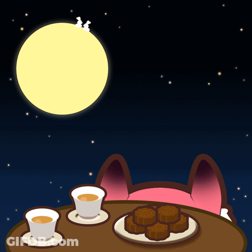 Two Cups Of Tea And Cookies Under Full Moon GIF