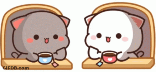 Two Cute Cartoon Cats Are Sitting Next To Each Other Holding Cups Of Coffee . GIF