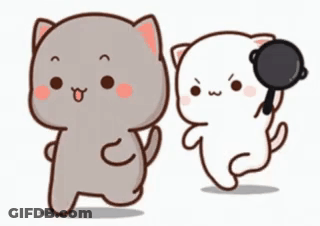 Two Cute Cartoon Cats One Holding Frying Pan GIF