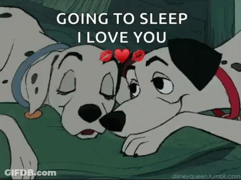 Two Dalmatian Dogs Laying Next To Each Other With The Words Going To Sleep I Love You On The Bottom GIF