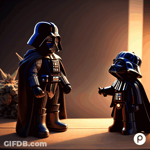Two Darth Vader Figurines On A Wooden Table GIF
