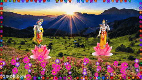Two Deities Are Standing In A Field Of Flowers With Mountains In The Background . GIF
