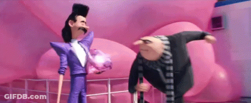 Two Despicable Me Characters Are Standing Next To Each Other In Front Of A Pink Wall . GIF