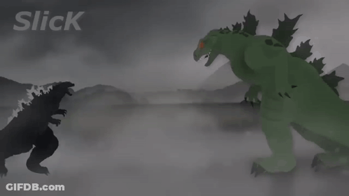 Two Dinosaurs Are Standing Next To Each Other And The Word Slick Is On The Bottom Right GIF