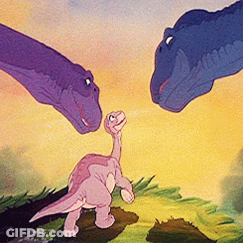 Two Dinosaurs Looking At Baby Dinosaur GIF