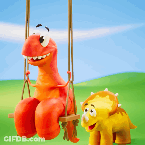 Two Dinosaurs Sitting On Swing GIF