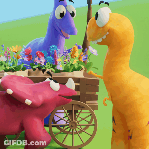Two Dinosaurs Standing Next To Flower Cart GIF