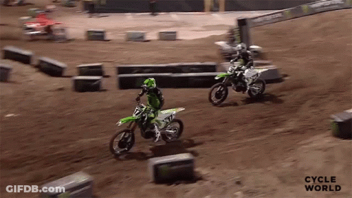 Two Dirt Bike Riders Are Racing On A Dirt Track And The Words Cycle World Are On The Bottom Right GIF
