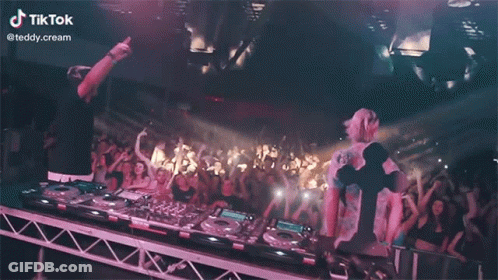 Two DJs Playing Music In Front Of Crowd With TikTok Logo GIF